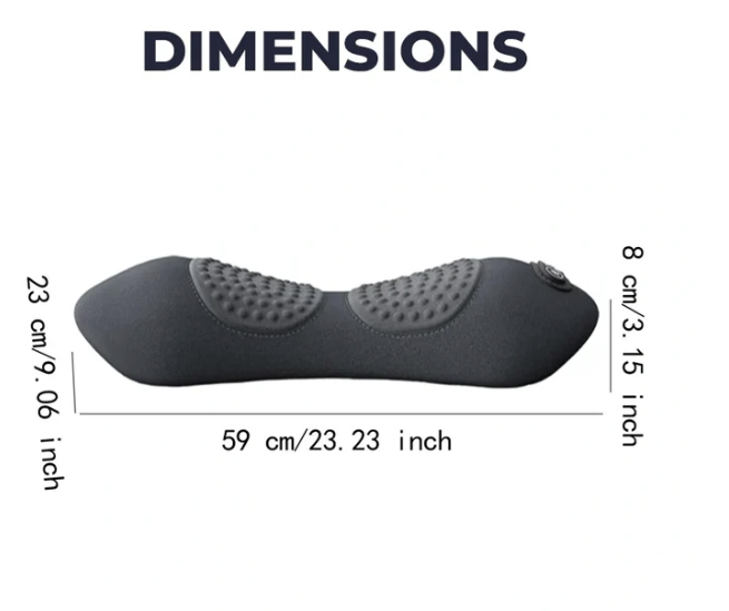 Measurement chart of a black foot massager pad with dimensions labeled.