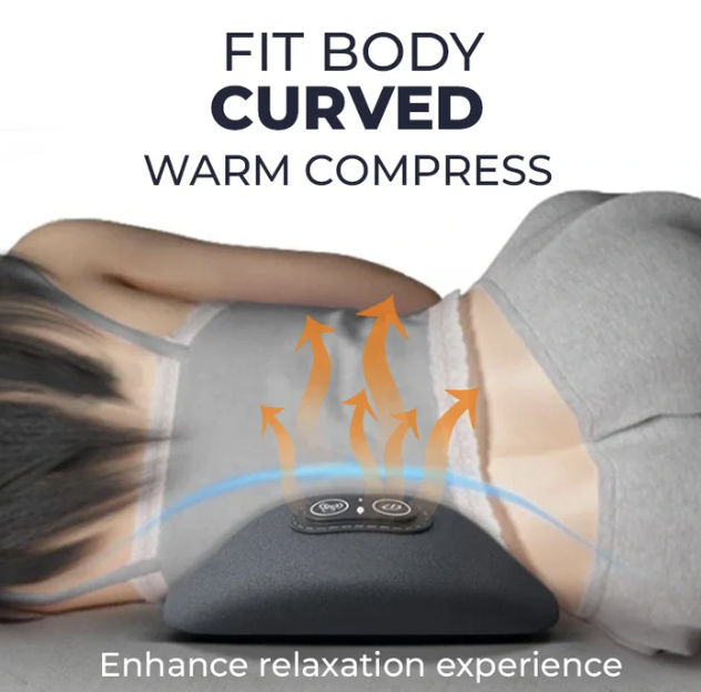 Person using a warm compress with text 'Fit Body Curved Warm Compress' and 'Enhance relaxation experience'.