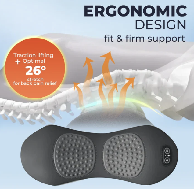Ergonomic design product with text on back pain relief and stretch, on a light blue background.