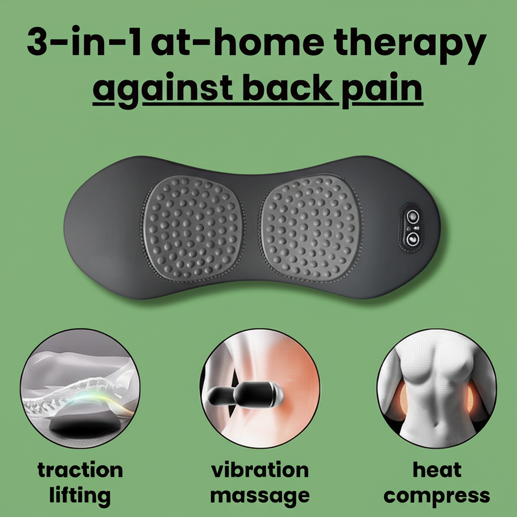 Back pain therapy device with traction, vibration massage, and heat compress functions on a green background.